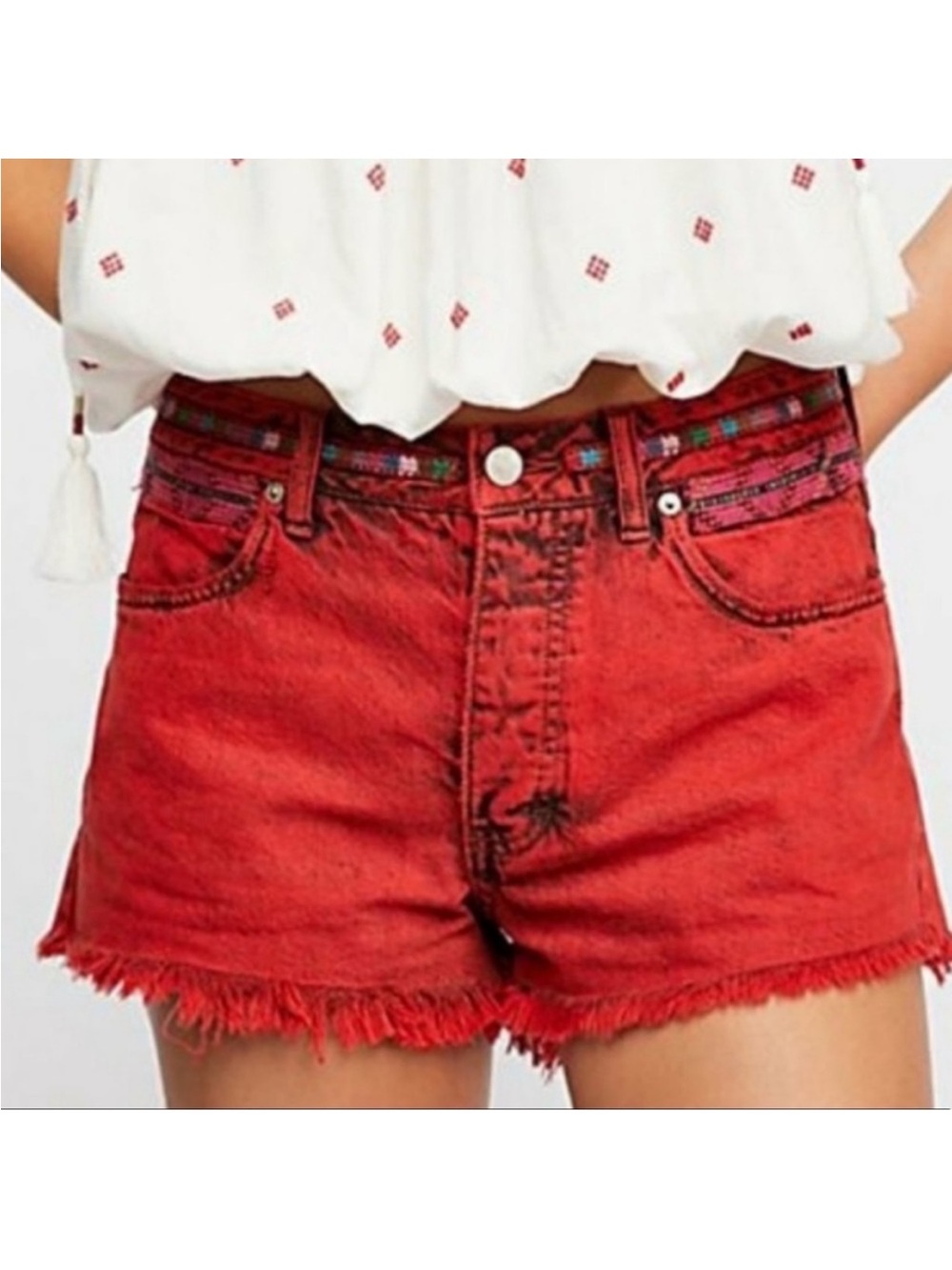 Free People "Sun Break" shorts in Gypsy Red embroidered waistband 26/2